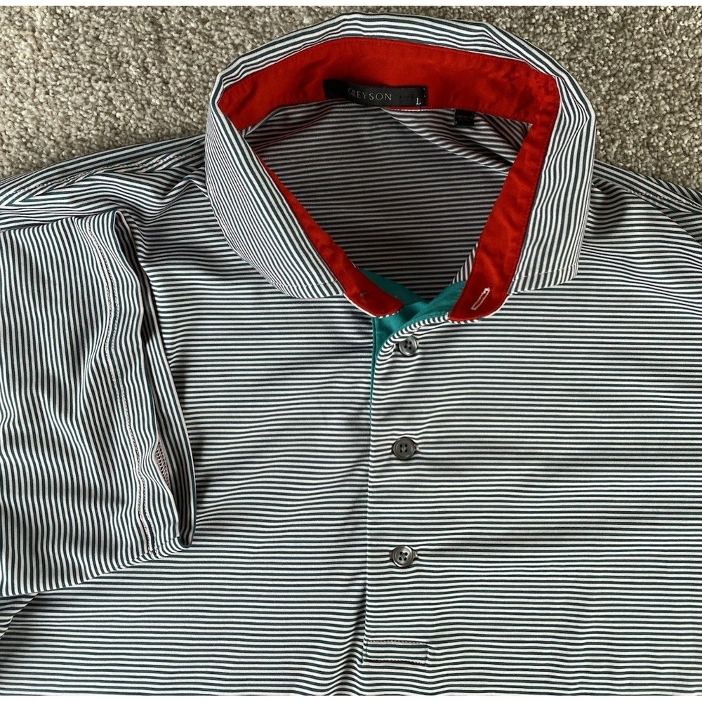 Greyson Golf Polo Green/White Striped Mens L Performance Stretch Wolf Logo Prep